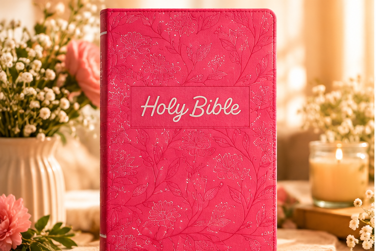 Pearlized Cherry Pink Faux Leather King James Version Gift Edition Bible front cover