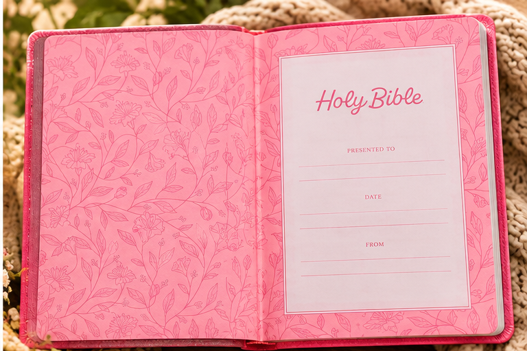 Pink KJV Gift Edition Bible presentation and dedication page