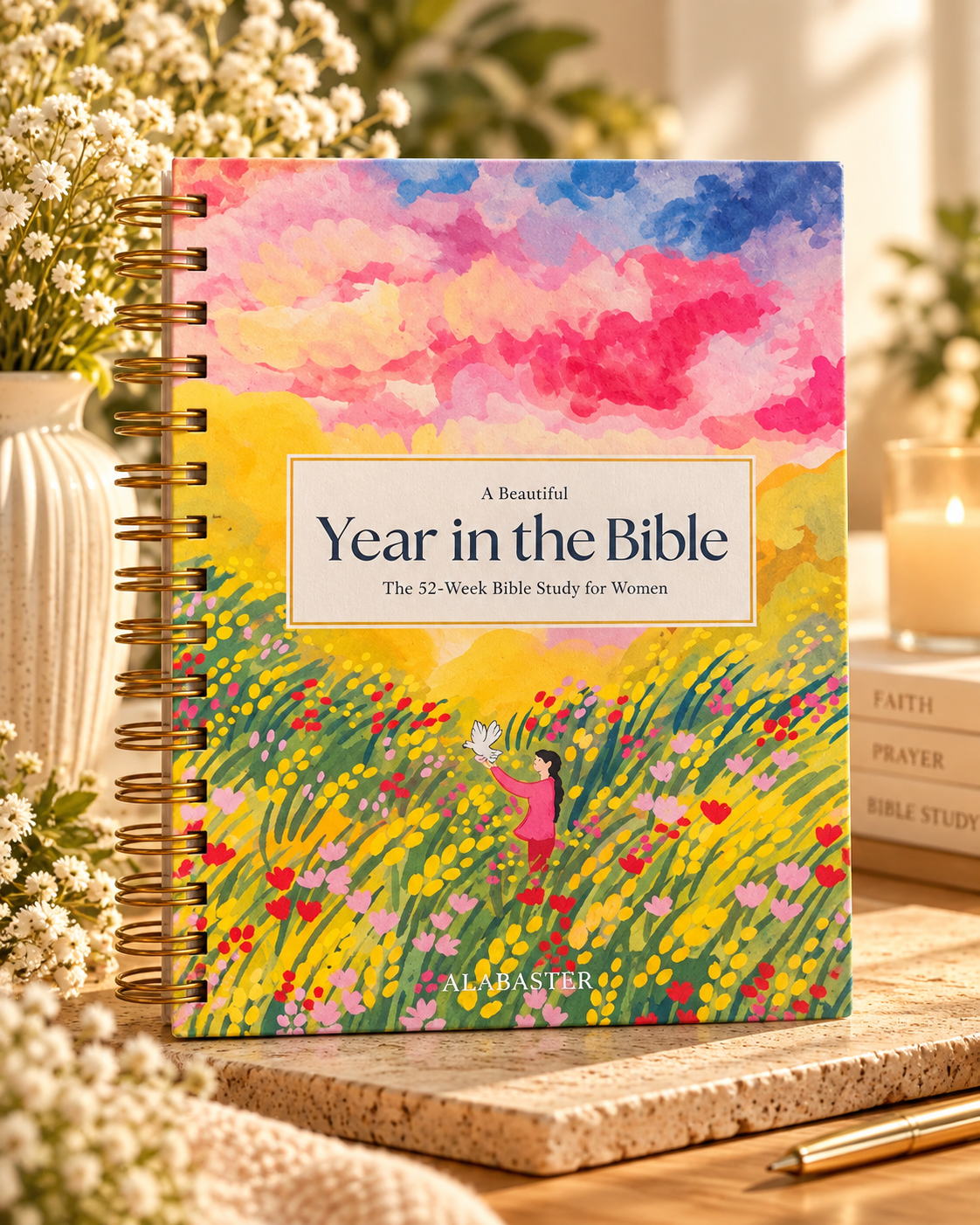 A Beautiful Year in the Bible spiral-bound cover styled product photo