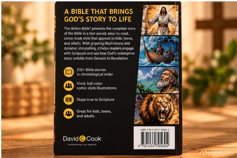 The Action Bible back cover and product details