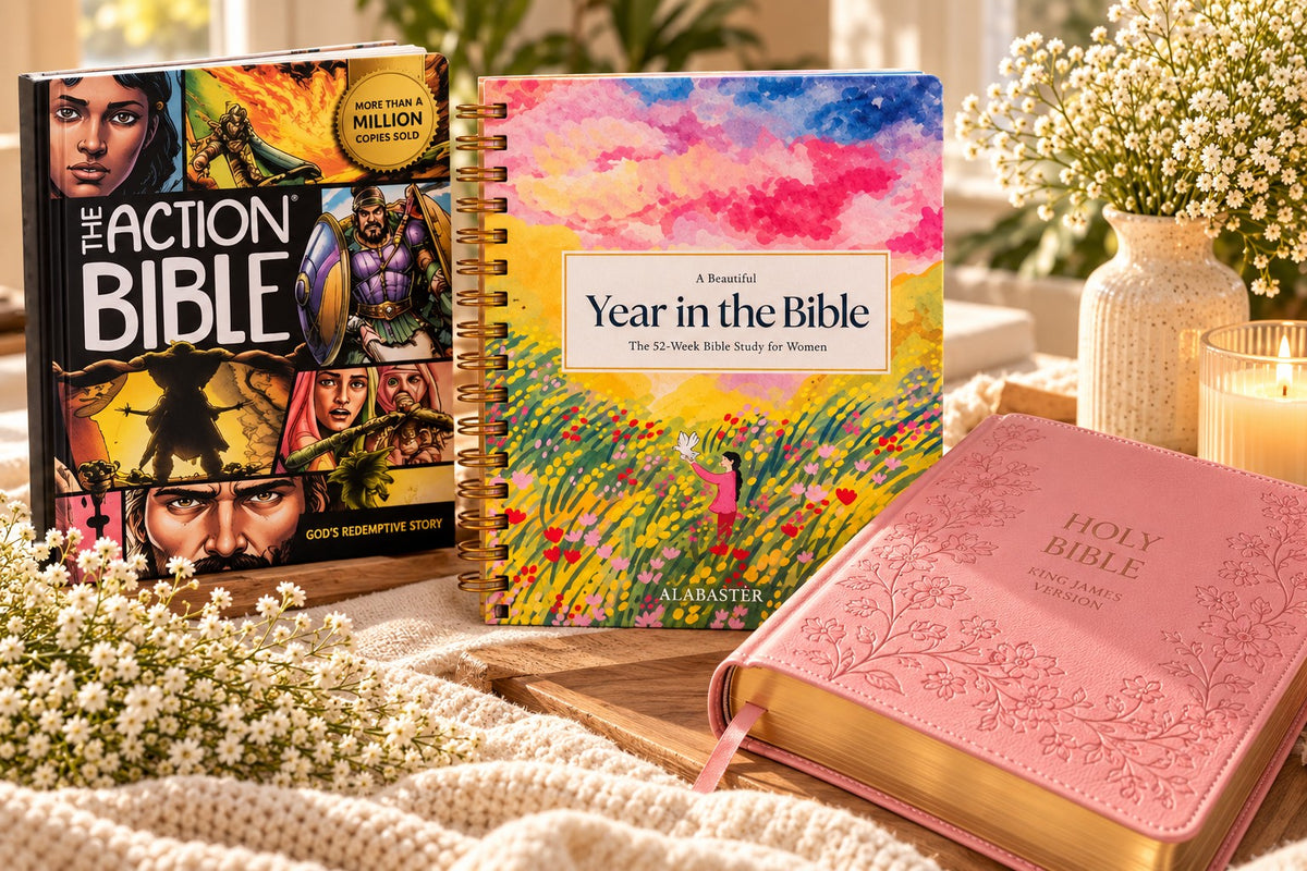 The Action Bible, A Beautiful Year in the Bible and the Pink KJV Gift Bible together